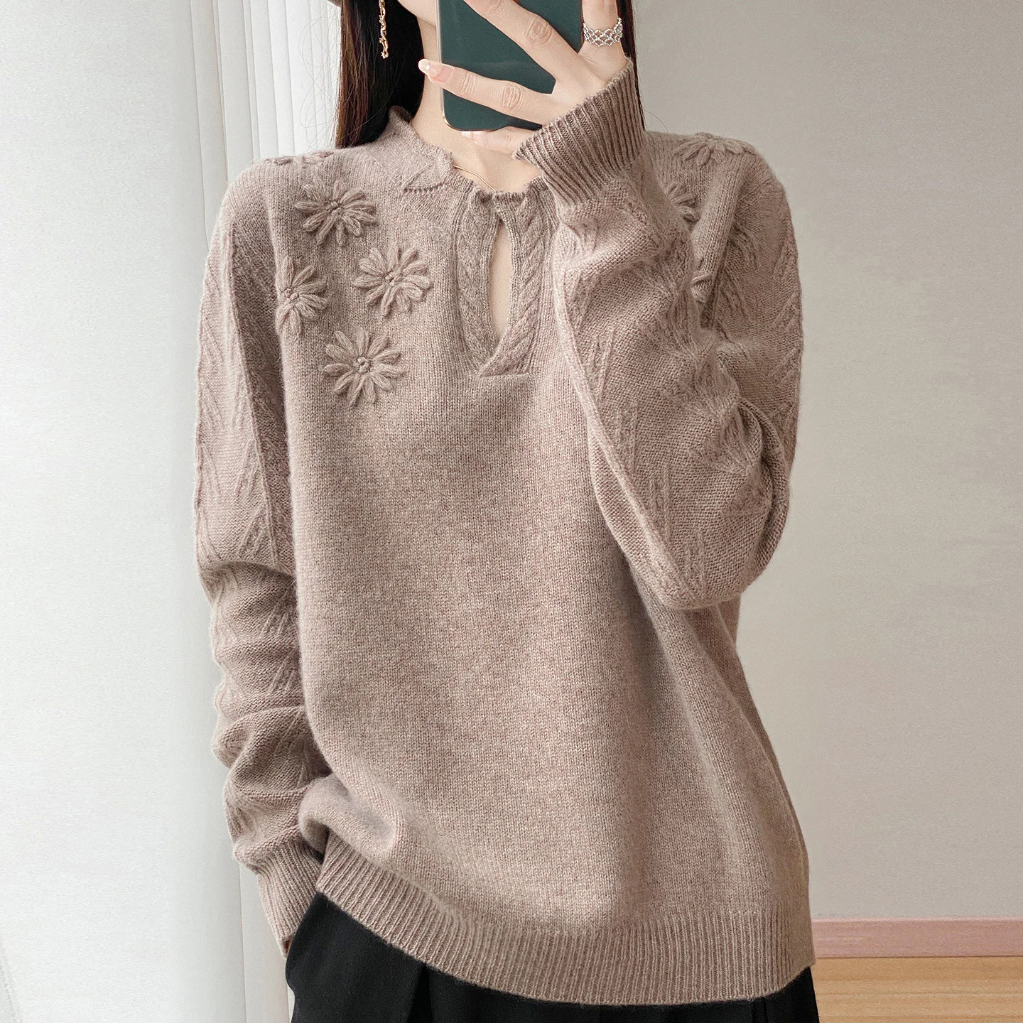 Women's 100% Merino Wool Pullover Sweater Partial V Henley Neck Cable Knit Shoulders Floral Embroidery Long Sleeve Knit Top