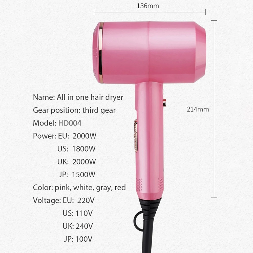 Secador de pelo profesional de 2000W, soplador de viento fuerte frío y caliente, ligero, Motor de CC, secado rápido, soplador de 3 engranajes con 3 boquillas