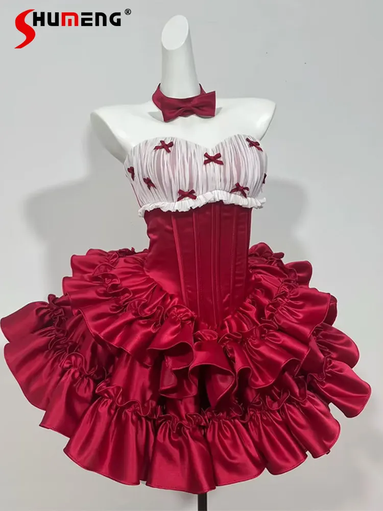 

Elegant Temperament Sleeveless Strapless Birthday Red Party Dresses High-end Sweet Cute 3D Puffy Princess Short Dress for Women