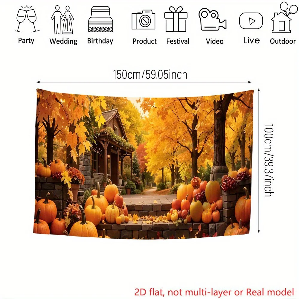 Autumn Fall Pumpkin Leaves Wall Mural Tapestry Wallpaper Decor Halloween Forest Cabin Seasonal Rustic Polyester Home Background