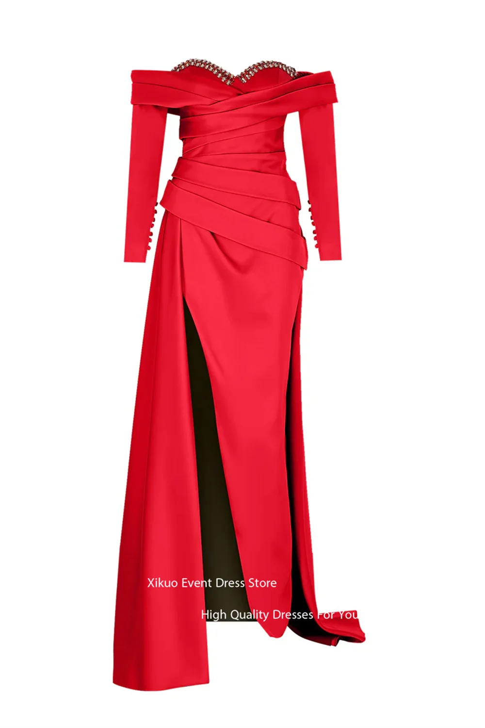 Xikuo Crystal Trimme Scollatura Abiti da sera Increspato Abito per party di matrimonio Spacco laterale alto Abiti De Boda Para Fiestas Personalizzato