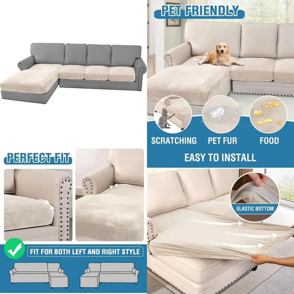 

Velvet Stretch 4-Piece Sectional Couch Cover Set for Large L-Shape Sofa with 3 Seater and 1 Seat Cushions