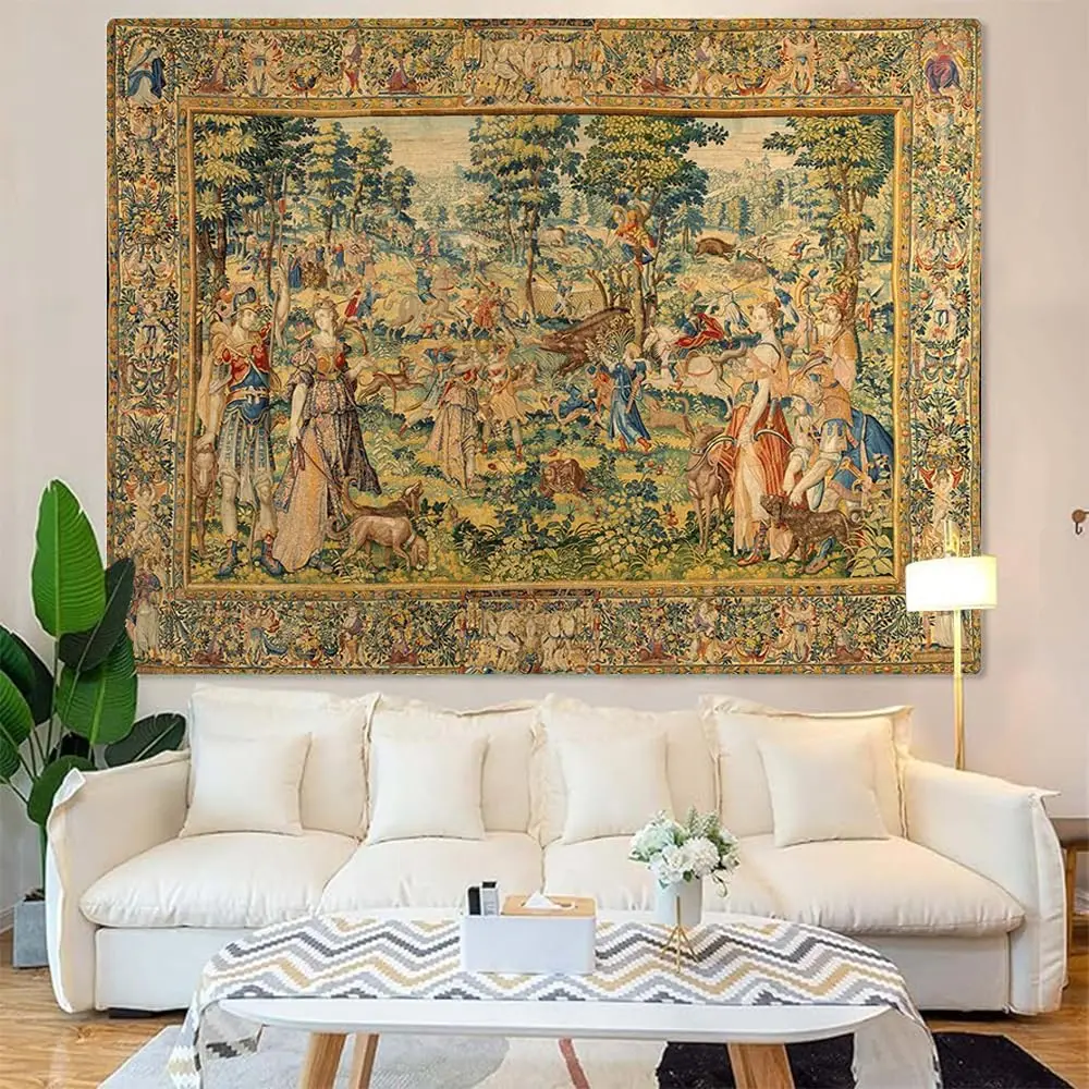 Medieval Tapestry Wall Hanging,with Renaissance Hunting Scene, Vintage Polyester Wall Art for Living Room Bedroom Dorm