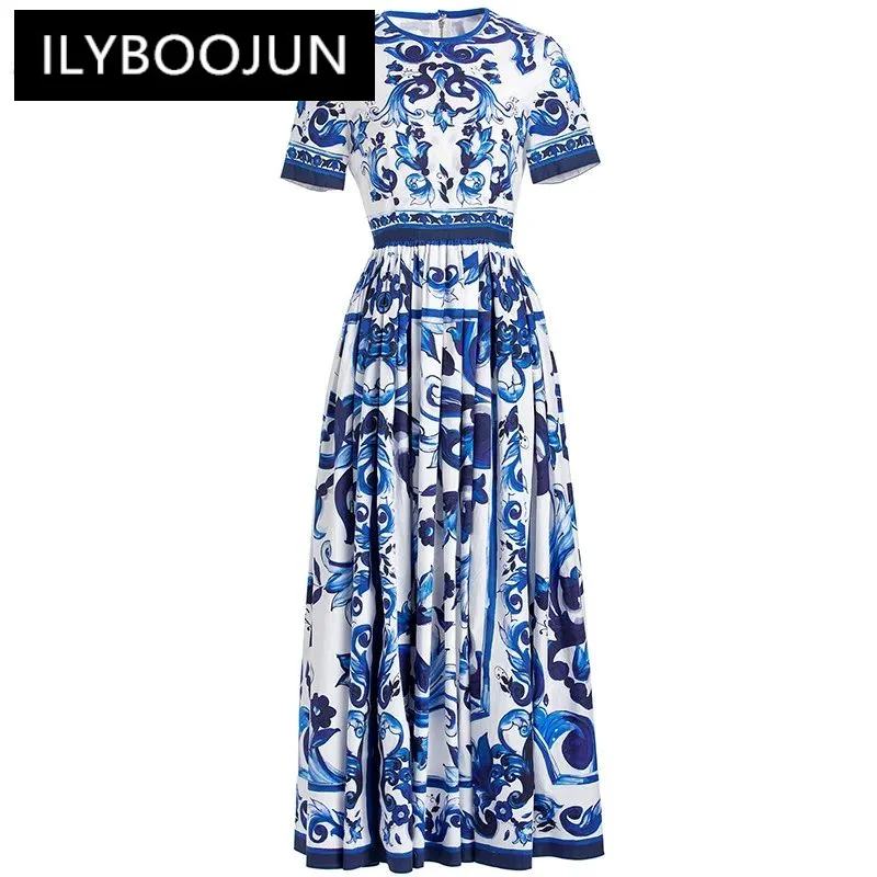 

ILYBOOJUN Fashion Runway Summer Cotton Dress Women's Short sleeve Blue and White Porcelain Print Bohemian Holiday Dresses