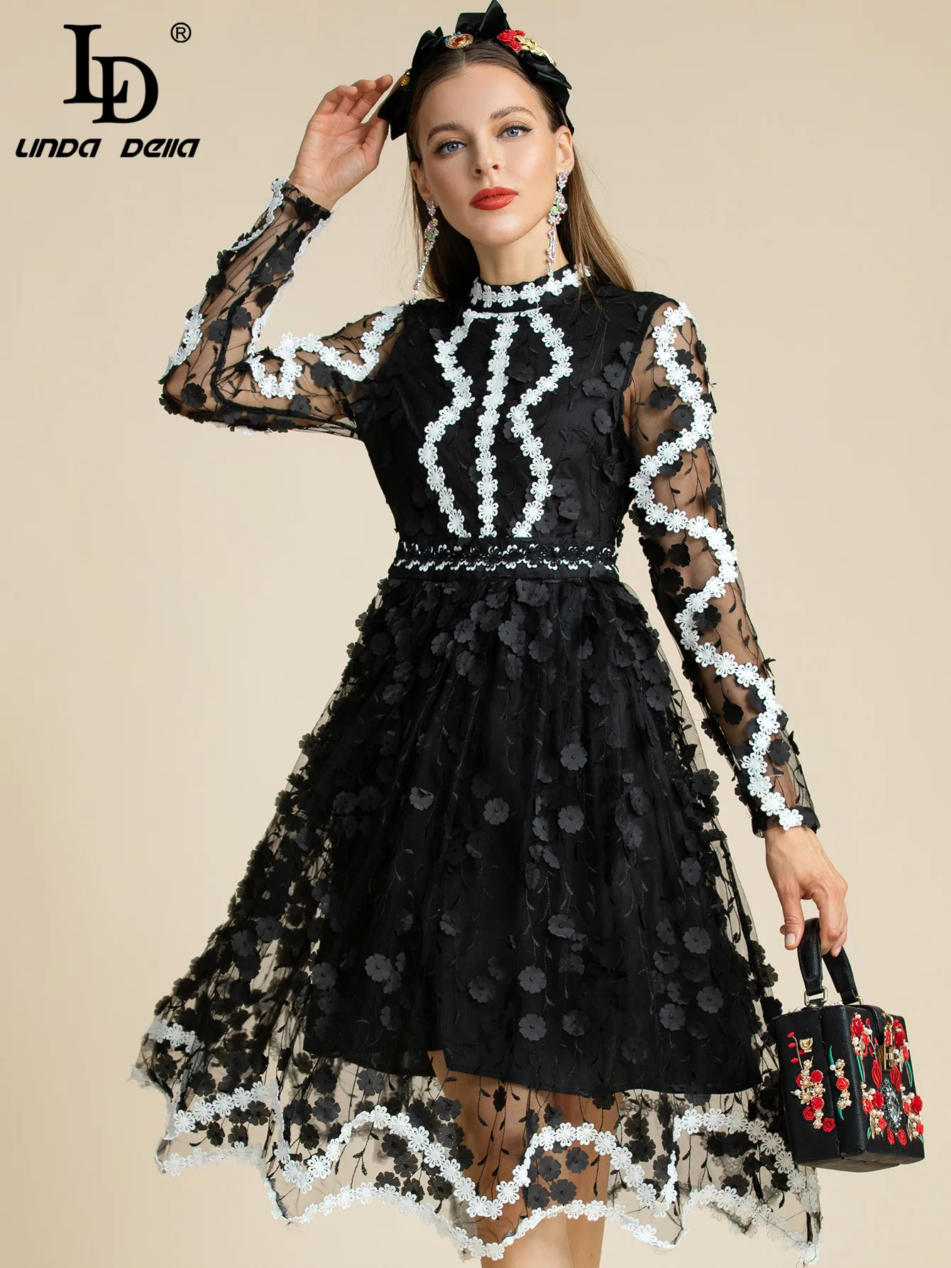 LD LINDA DELLA Summer Runway Balck Midi Dress Women's Long sleeve Black and White Embroidered Applique Mesh Vintage Party Dress