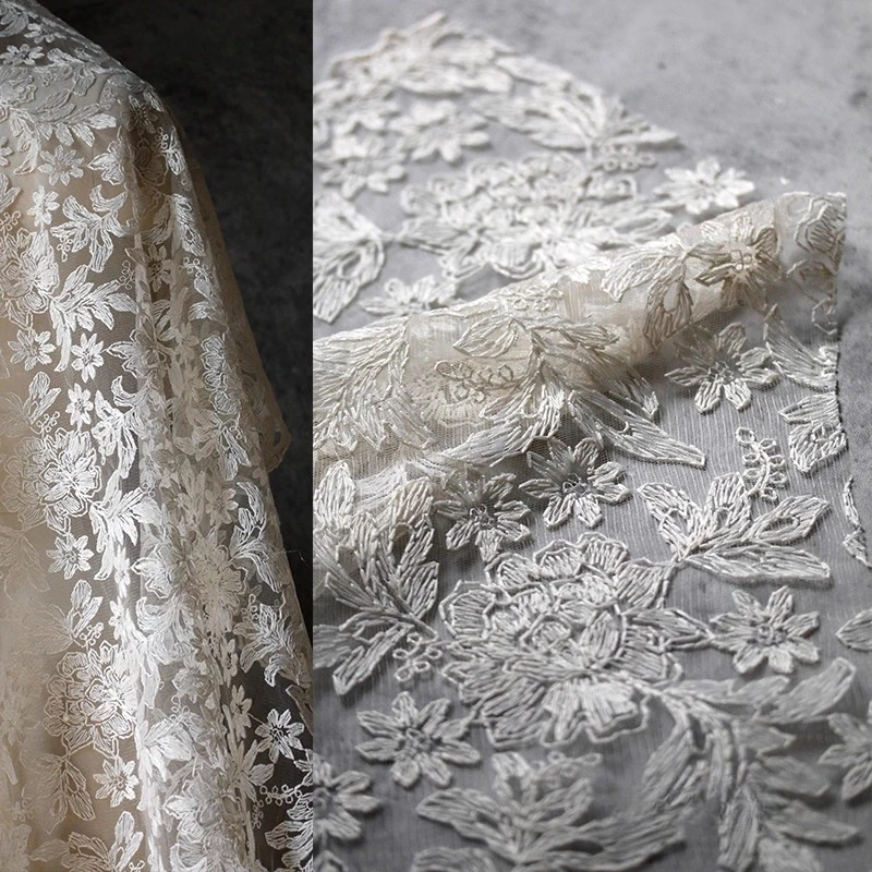 

Shallow Apricot Embroidery Flower Perspective Mesh Lace Fabric High End Headcloth Decorative Skirt Dress Designer Fabric