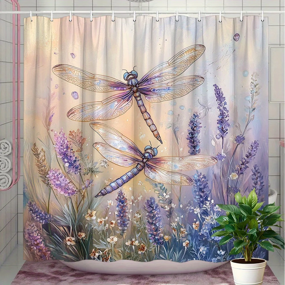 Dragonfly Shower Curtain Waterproof Fabric Bathroom Curtains Lavender Flower Bath Screen Divider Home Decor With Hooks