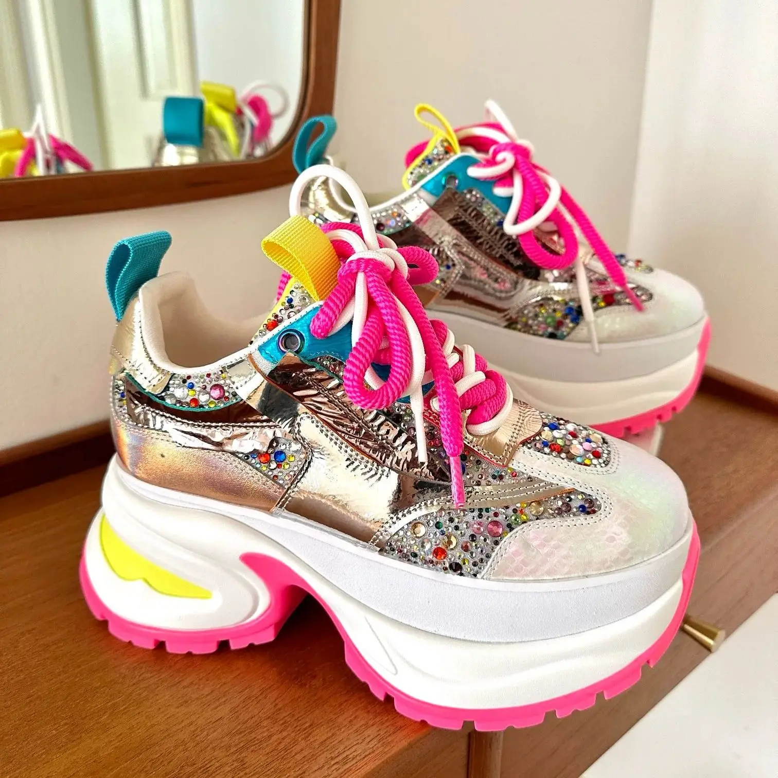 Spring Women Casual Crystal Bling Shoes High Heels Platform Chunky Sneakers Mixed Color Ladies Fashion Girl Special Design 2024