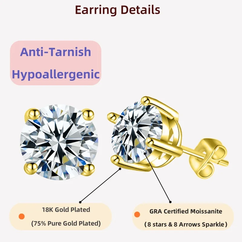 مجوهرات LAMVOICE للنساء/أقراط مرصعة بـ 0.2-4 قيراط مويسانيتي أبيض أقراط مضادة للحساسية هدية عيد الميلاد