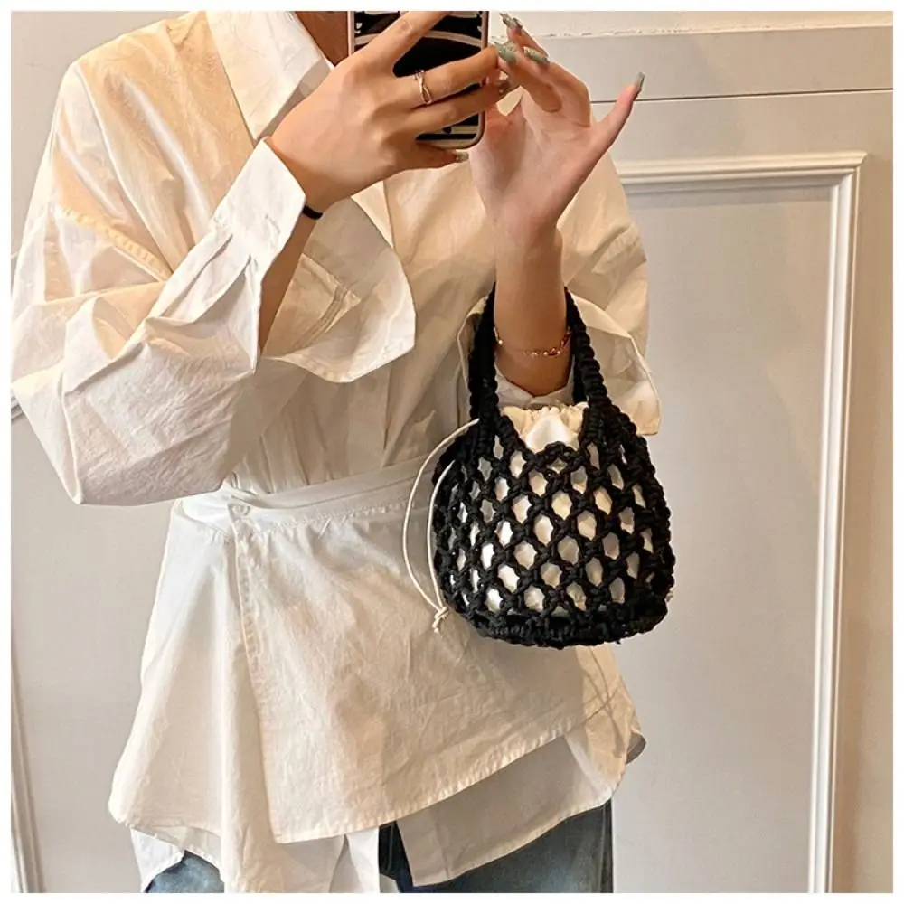 

Trendy Mini Bucket Bag Knitted Bag Bohemian Large Capacity Crochet Tote Bag Hollowed Out Storage Bag String Bag Beach