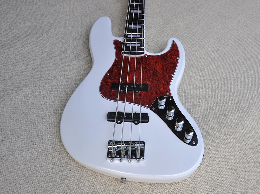 White 4 Strings Electric Bass Guitar with Rosewood Fretboard, Red Pickguard,Customizable