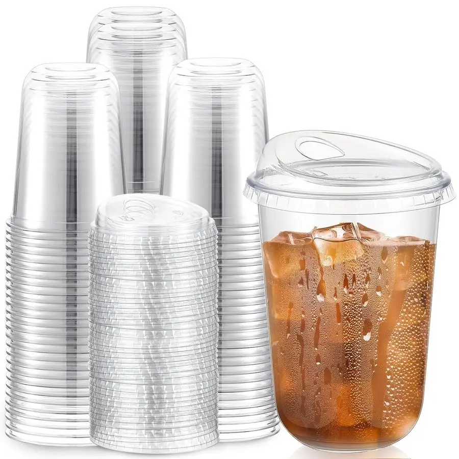 

100 Pcs Plastic Cups with Sip Lids Round Bottom Disposable Plastic Coffee Cups with Lids Clear Strawless Crystal Mugs for Iced C