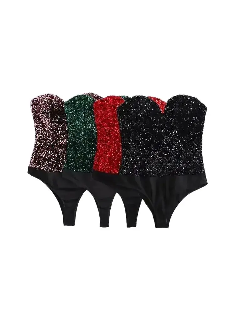 

Smvp Strapless Sequin Bodysuits for Women Backless Bodysuits Sweetheart Neck Female Playsuits Sexy Fashion Woman