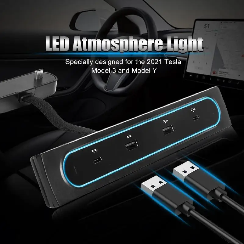 

USB Hub For Tesla 2021 Model 3 Y Fast Charger Intelligent Docking Station 4 Ports USB Charger Adapter Powered Splitter Extension