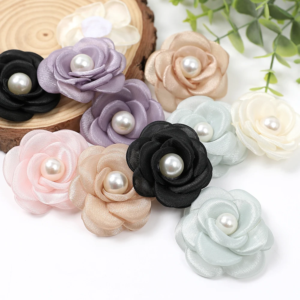 5PCS Artificial Flowers Head With Bead Chiffon Fabric Hairpin Corsage Wedding Dress Clothing Making Accessories Silk Flowers