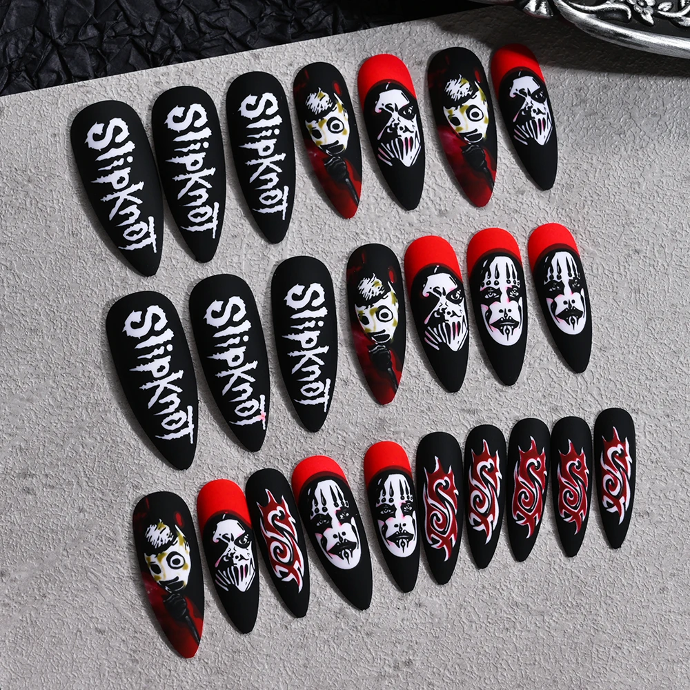 Press on Nails Halloween Medium Length Coffin Black Fake Nails Scary Mask Face Nail Tips Halloween Design 3D Glossy Acylic Nails