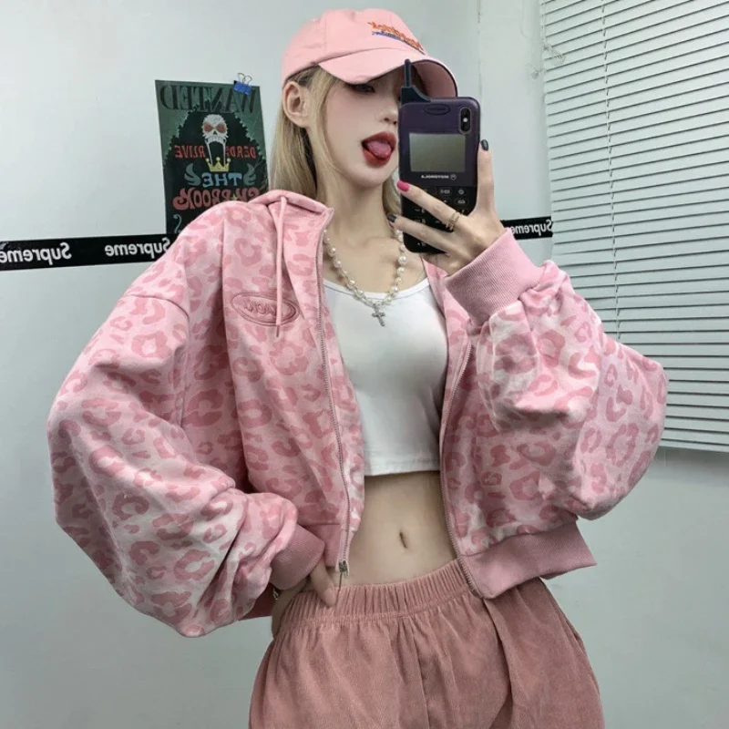 Streetwear Leopard Women Crop Hoodies Cute Pink Long Sleeve Fall Short Coats Loose Harajuku Oversize Female Tops Dropship