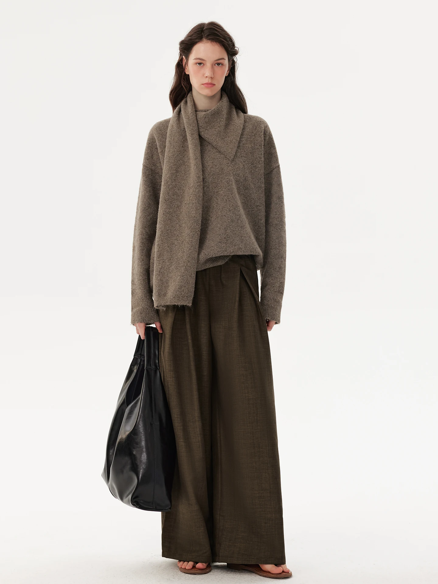 

Женские повседневные брюки-палаццо кофейного цвета с эластичным поясом, плиссировкой, завязками и драпировкой, универсальные длинные брюки