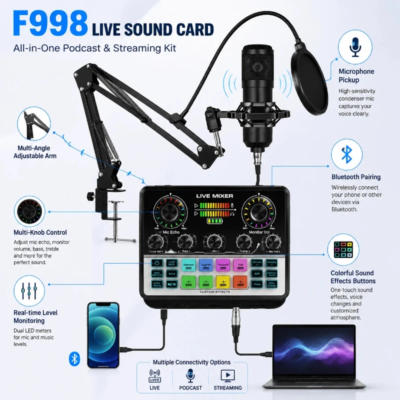 Microphone F998 V8s Condenser  Live Sound Card Adjustable Boom Arm Stand For Live Streaming Podcast Computer Audio Recording Use