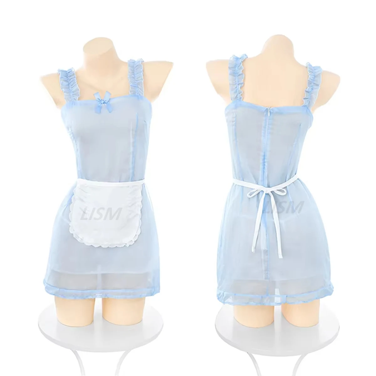 

Светло-голубой прозрачный костюм горничной, женский наряд для ролевых игр, фартук с рюшами на бретельках, платье с бантом, комплект нижнего белья, косплей, вечеринка на Хэллоуин, S-XL