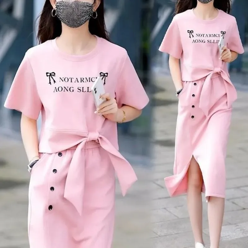 

2025 Summer New Women Sporty Style Short Sweatshirts Split Skirts Two Piece Set Lady Casual Bowknot Letter T Shirt Skirt Suits