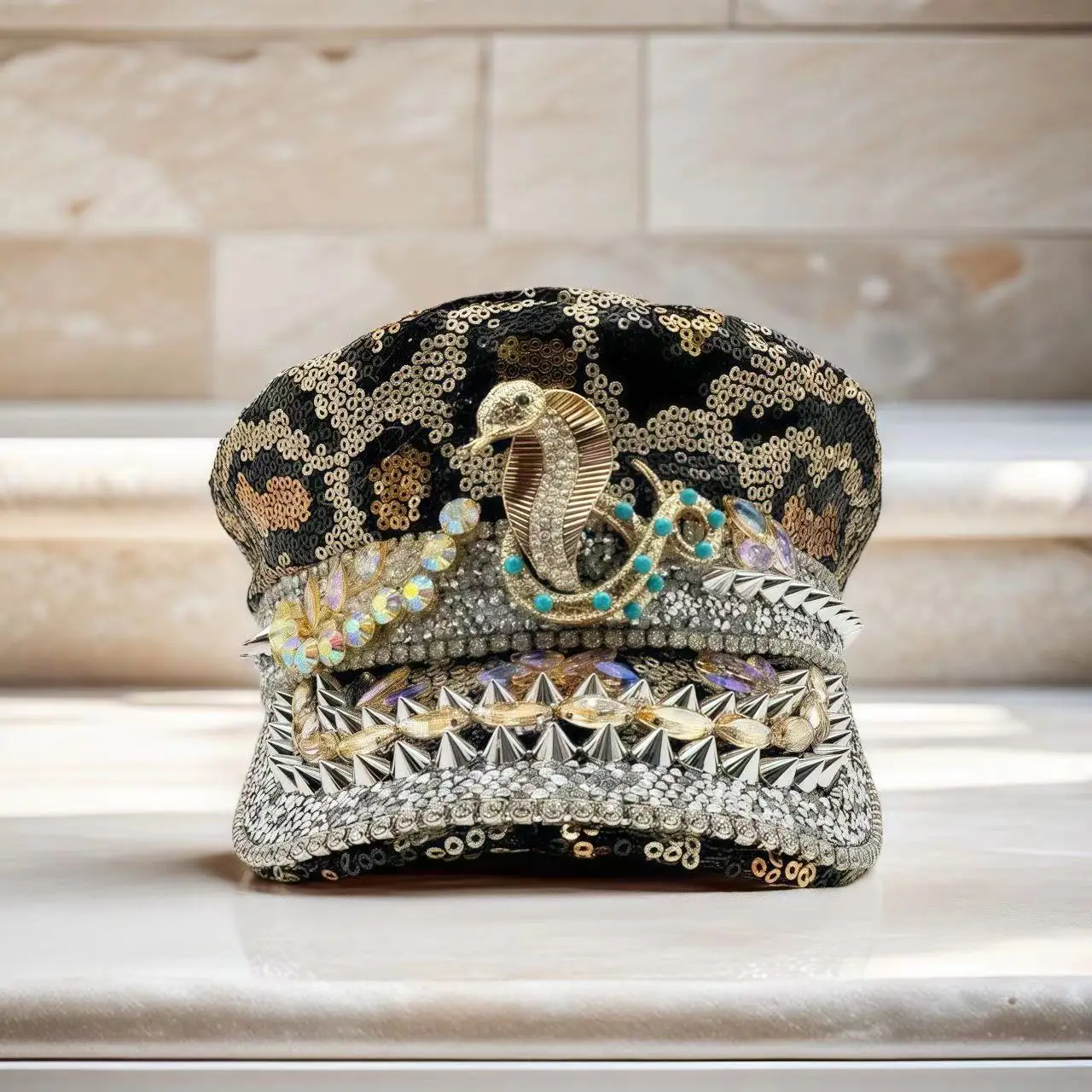

HongLuan Leopard Captain Hat Rhinestone for Halloween & Burning Man Festival Woman , Vintage Military Accessories, Cap for Man