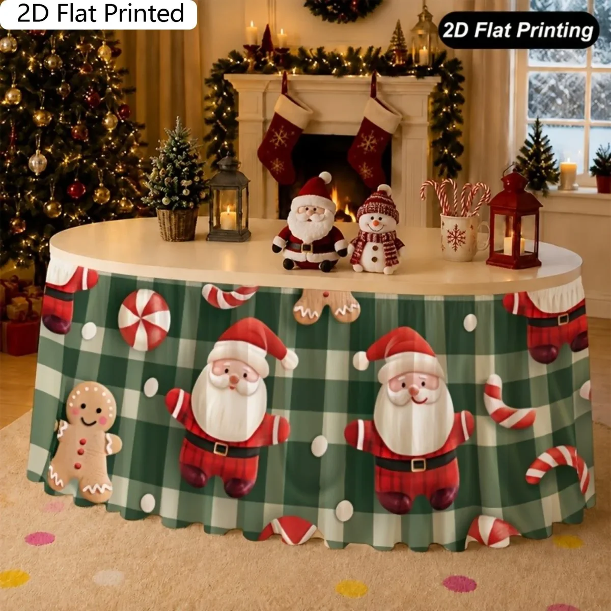 1. PC table skirt tablecloth  2D plane printing  Christmas table skirt  Santa Claus candy pattern table skirt