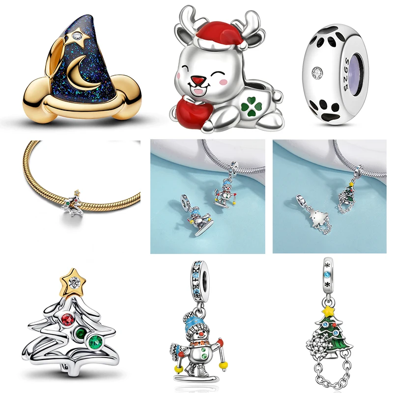 

925 Sterling Silver Christmas Atmosphere Serie Beaded Pendant Bracelet Necklace Women Luxury DIY Jewelry Exquisite Holiday Gift