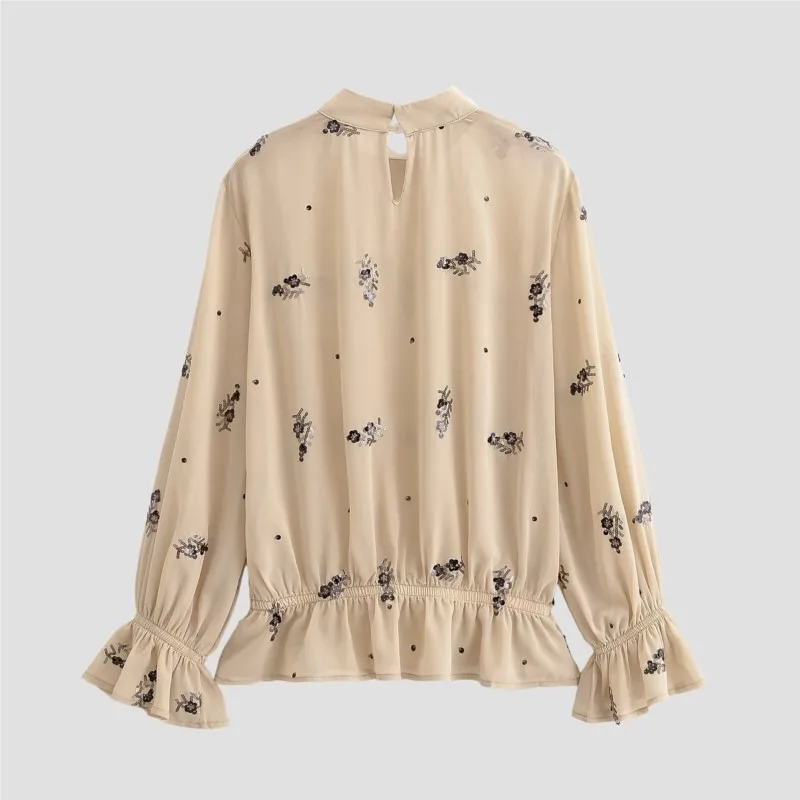 Vrouwen Kraal Bloemen Opstaande Kraag Blouse Lente Herfst Doorschijnend Mode Shirt Met Lange Mouwen Vrouwelijke Losse Elegantie Shirts