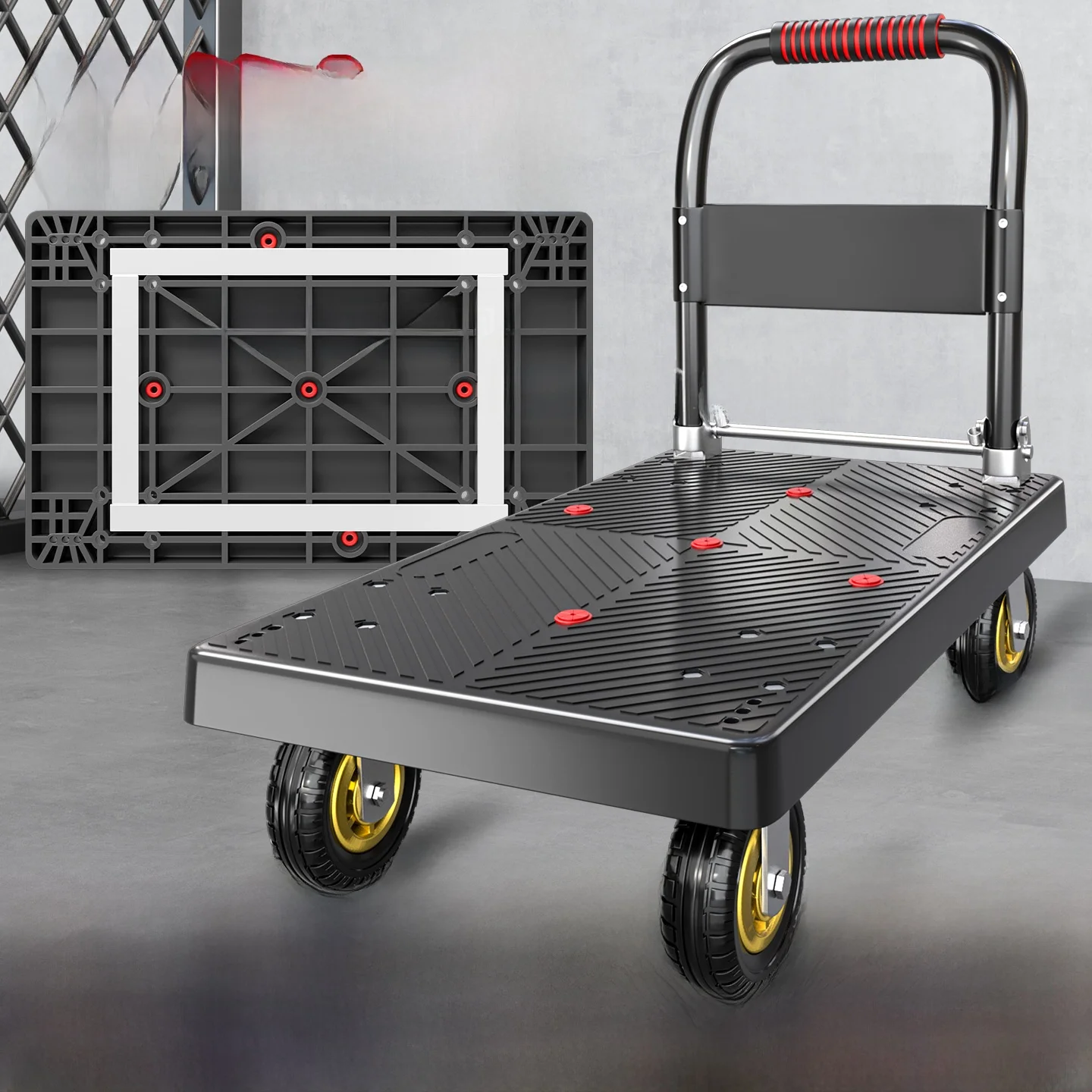 thickened-four-wheel-hand-truck-noise-reduction-sturdy-cargo-carrier-portable-shopping-cart-with-single-handle-for-supermarket