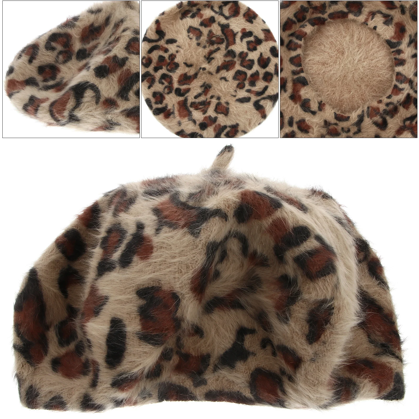 

Rabbit Hair Leopard Print Women Beret Hat Autumn Winter Warm Soft Fashionable French Hat Fall Beret Cap
