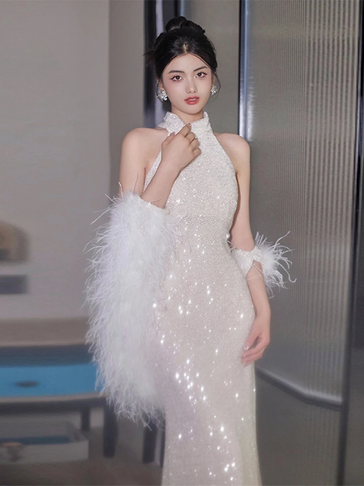 

Ele Light Wedding Dr Heavy Embroidery Fi Tail Gown Ne Hanging Sle Engagement Par Morning Robe Long Skirt