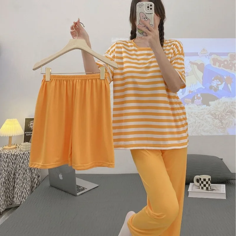 Women Summer Pajama Set Girl Striped Color-Block Three-Piece Set Round Neck Chest Pad Worn Outside Students Casual Homewear Lady