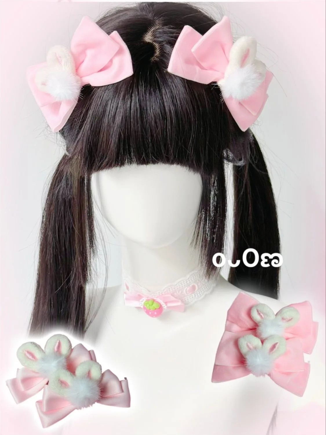 Kawaii Frauen Lolita Mädchen Haarspange Niedliche Kaninchen Hase Plüsch Ball Haarnadel Rosa Band Schleife Lolita Cosplay Haarschmuck