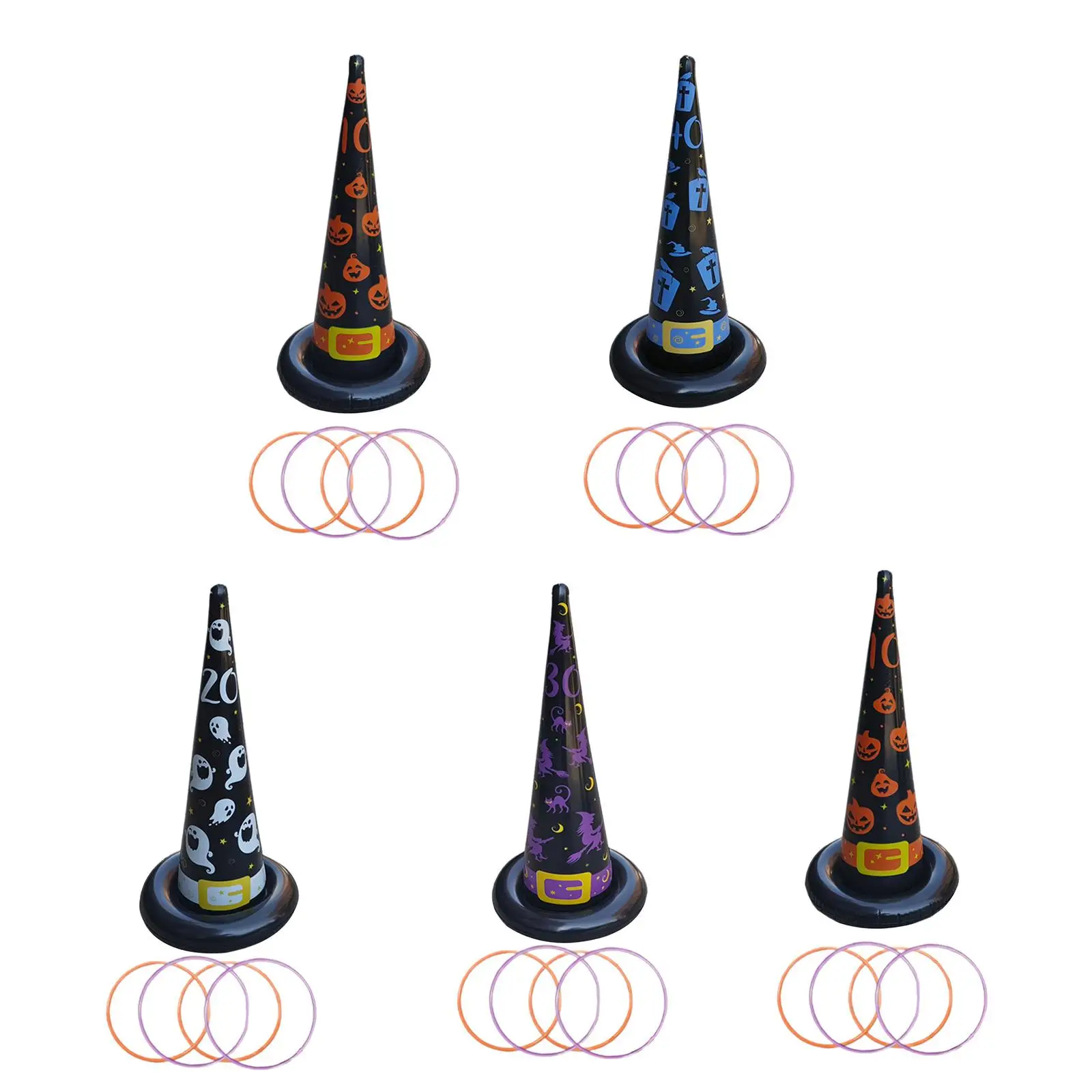 5Pcs Halloween Rings Toss Game Set Inflatable Witch Hats for Party Supplies