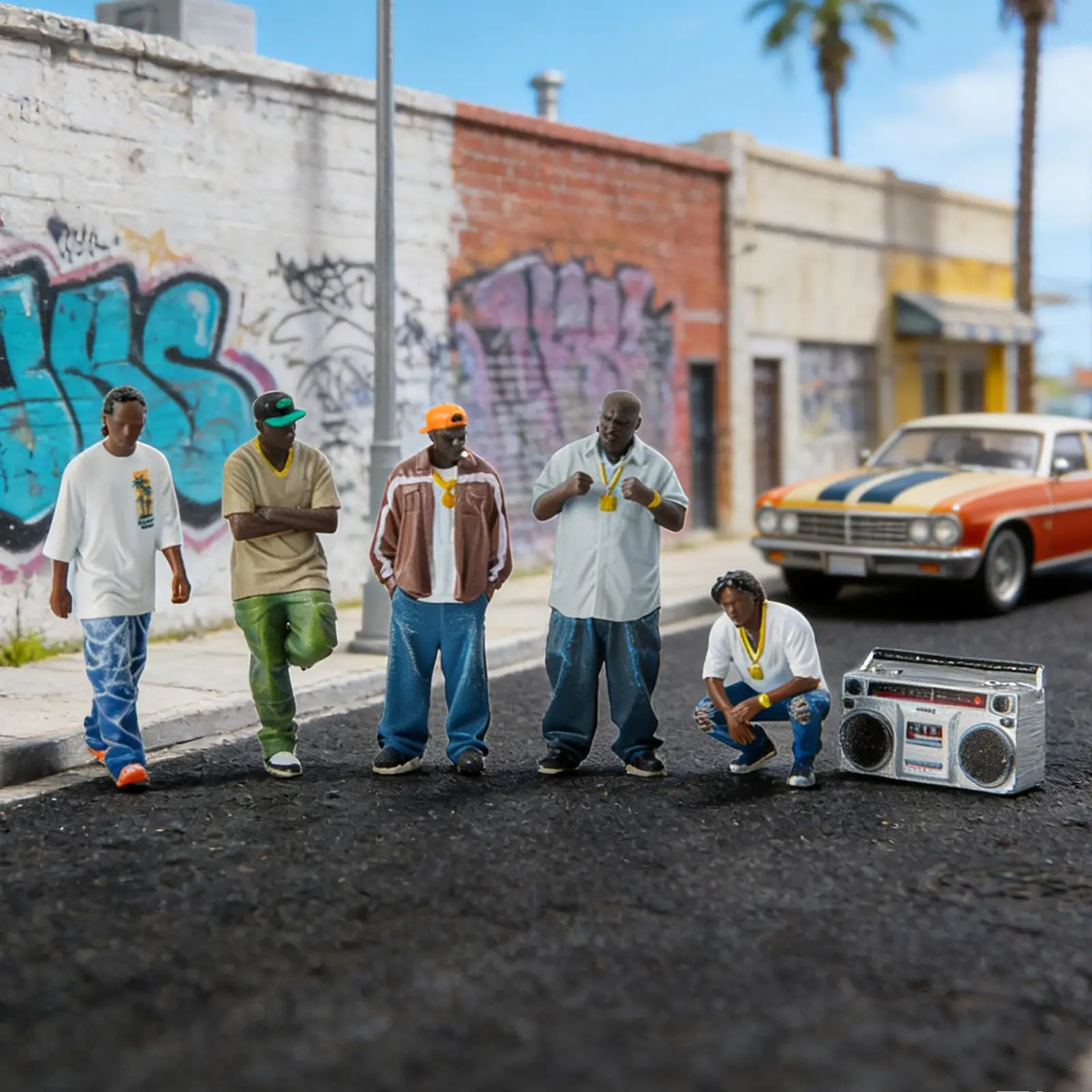 

1/64 West COAST Hip Hop Figures Set Desktop Ornament Table Centerpiece Display American Miniature People Speaker Model for Gifts
