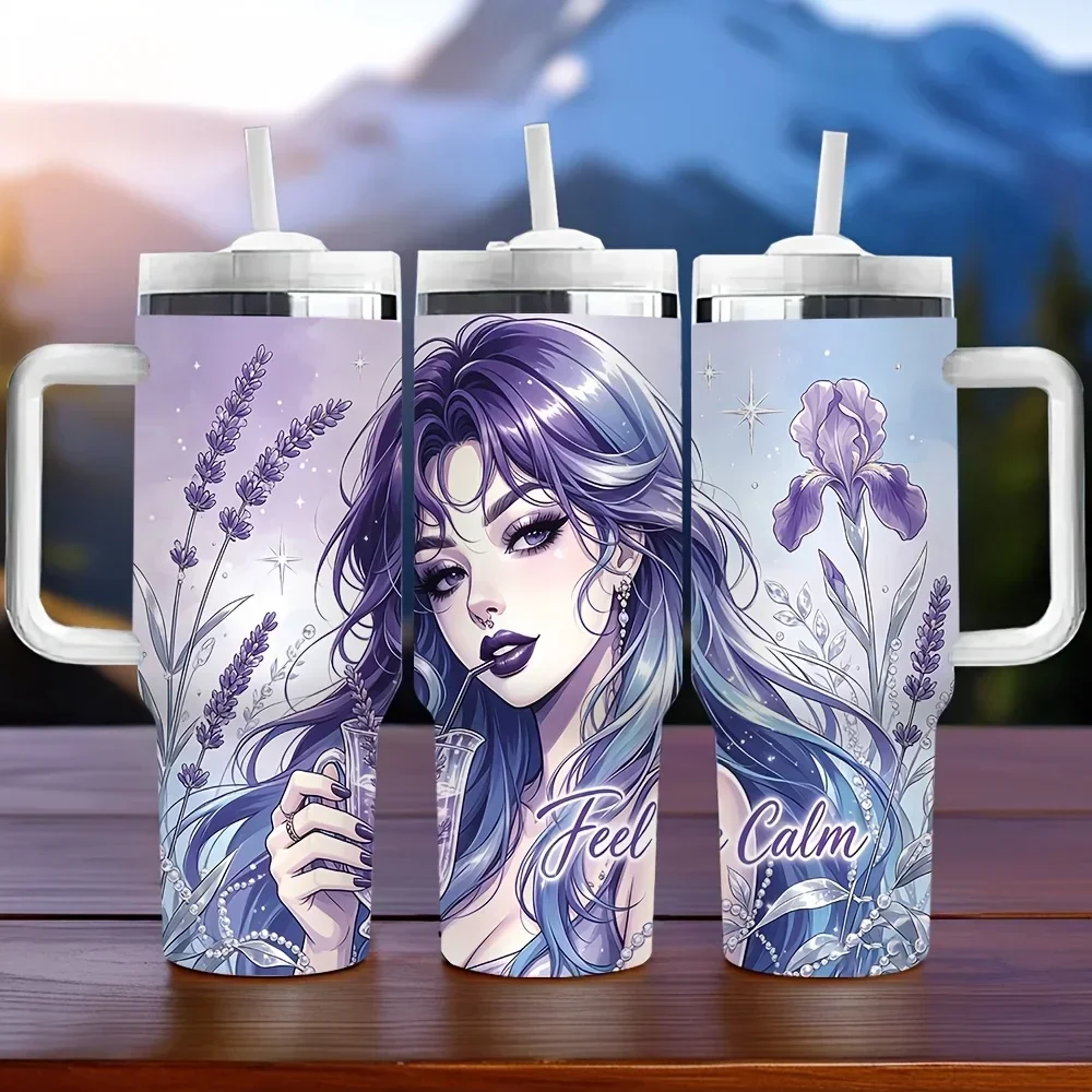 40Oz Tumbler with Handle And Straw, Purple Anime Girl Lavender Iris Print Long-Lasting Insulated Cup, Ideal Birthday Holiday Gift for Women, Suitable for Daily Use And Outdoor Activities