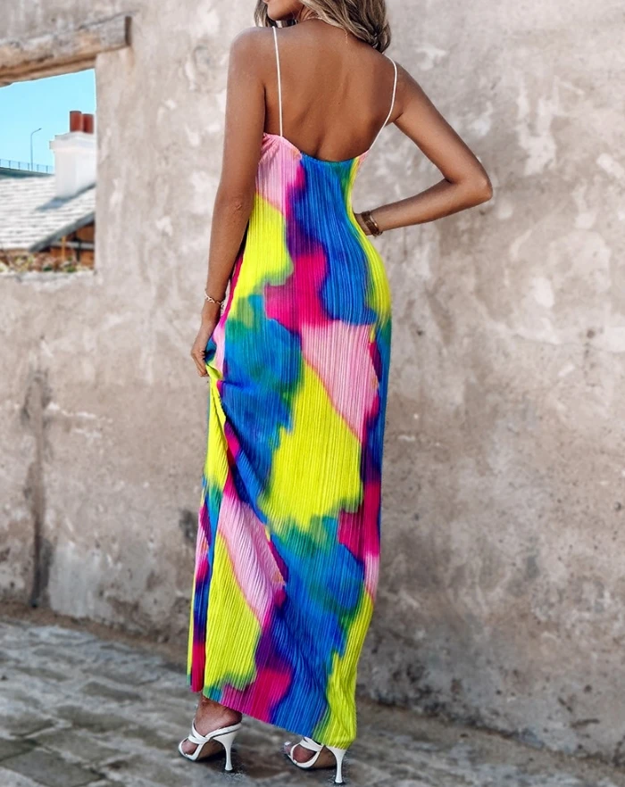 Women's Vintage Dress Colorblock Tie Dye Print Pleated Cami Maxi Dress 2024 Spring/summer Latest Spaghetti Ruched Vacation Skirt