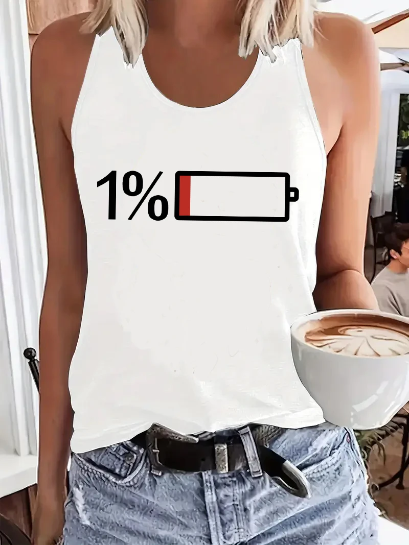 2026 Funny T-shirt Low Battery  Printed Vest Graphic Tank Top Women’s Sleeveless Crew Neck Casual Top for Summer Spring