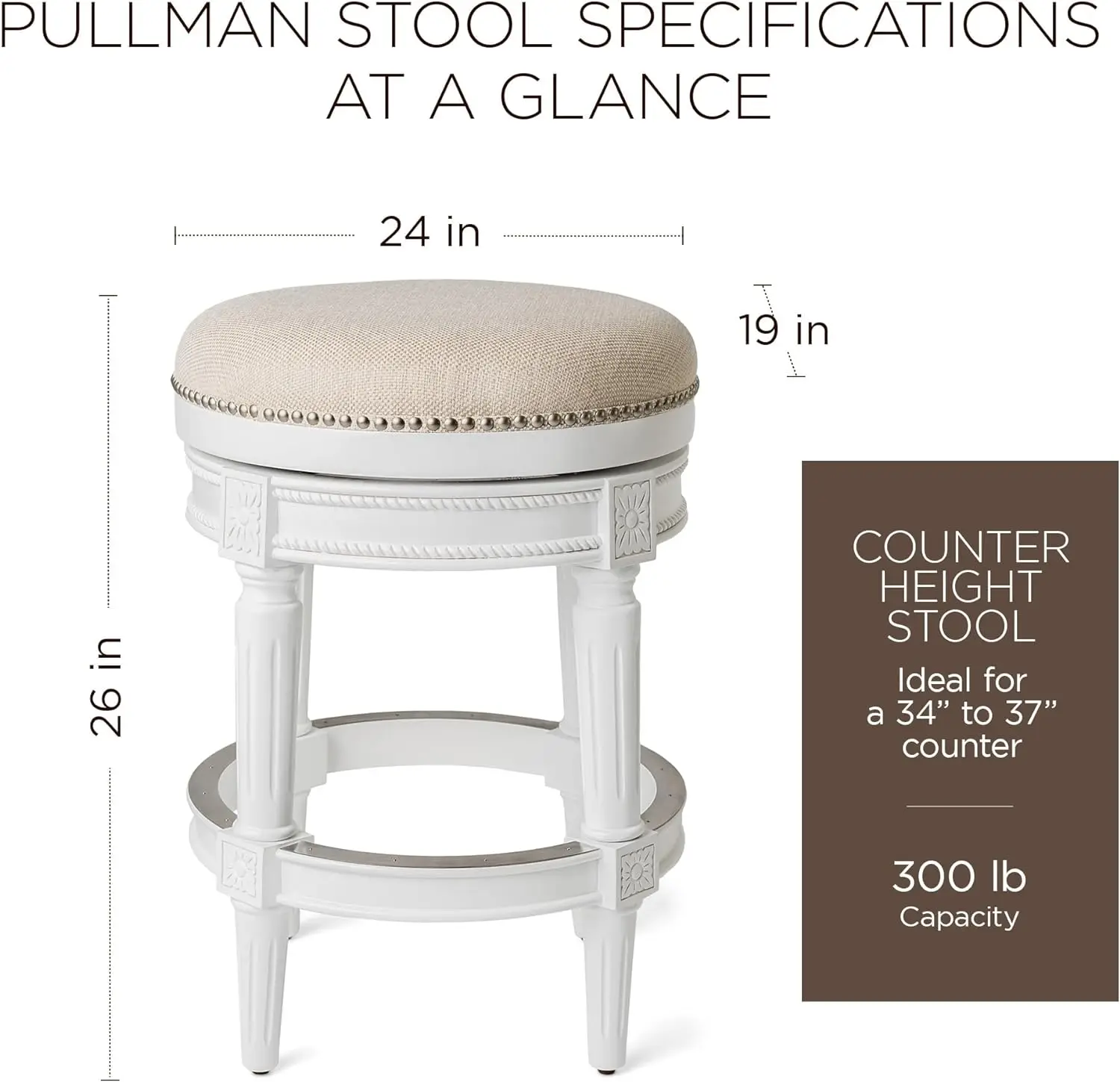 26 Inch Tall Backless Alabaster White Finish Counter Height Upholstered Barstool with Cream Fabric Cushion Seat