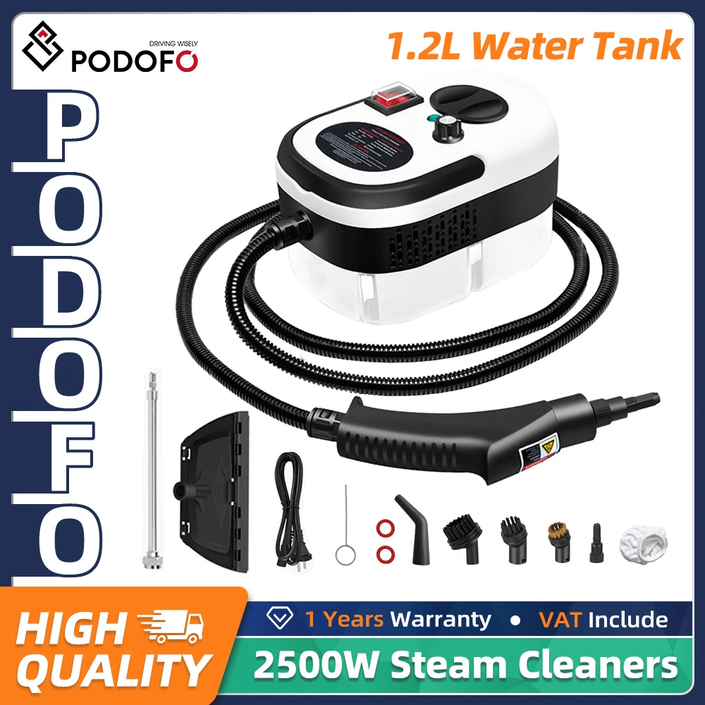 Podofo Handgehaltener Dampfreiniger 2500W Druckdampfreiniger mit 1,2L Wassertank 6 Einstellbare Stufen & 11 Zubehörteile Tiefenreinigung für Haus Küche Bad Auto Möbel Fliesen Fugen Zubehör-Set