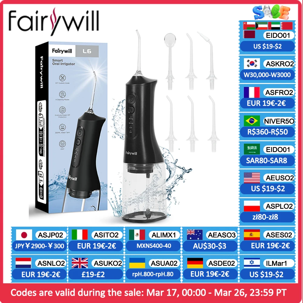 Fairywill USB irrigatore orale portatile Water Flosser Dental Water sbiancamento dei denti 300ML 6