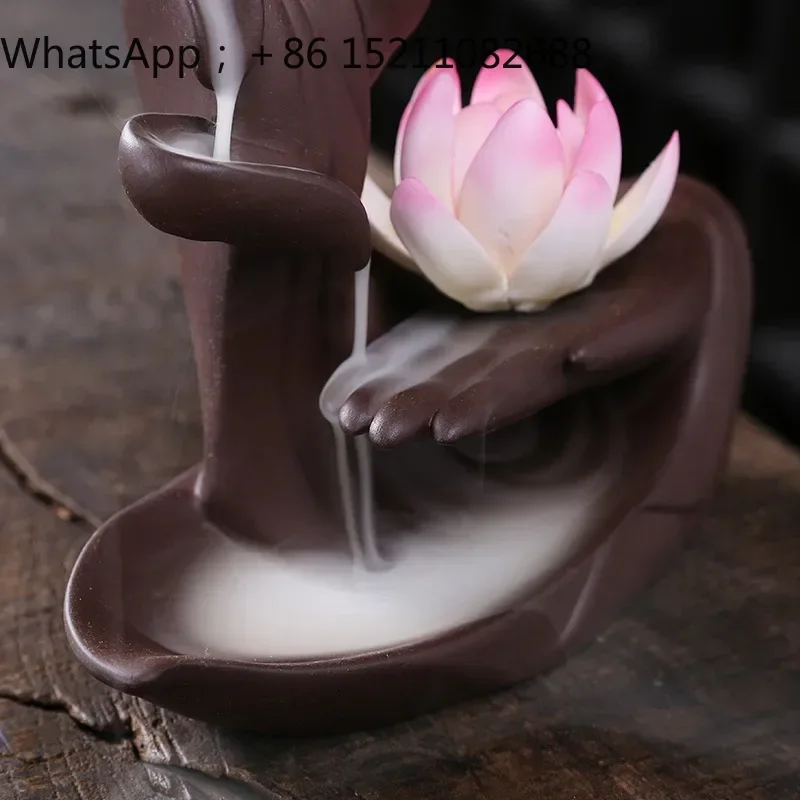 SCY Purple Sand Backflow Incense Burner Lotus Buddha Handmade Flower Zen Backflow Aromatherapy Burner Small Ornament