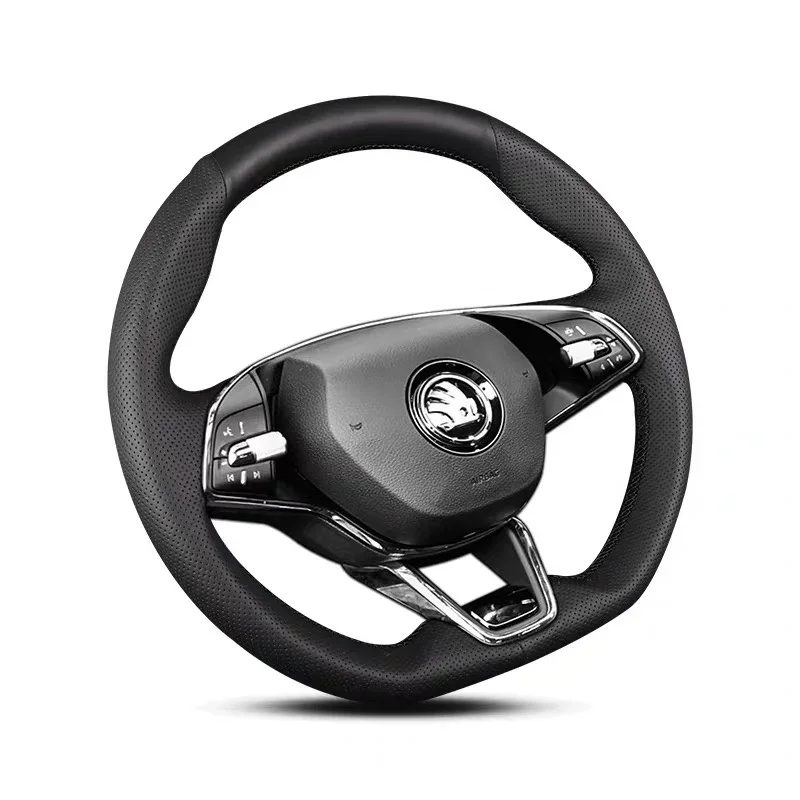 Dla Skoda Octavia Pro Karoq 2021-22 czarna skóra DIY ręcznie szyta osłona kierownicy wewnętrzna osłona klamki