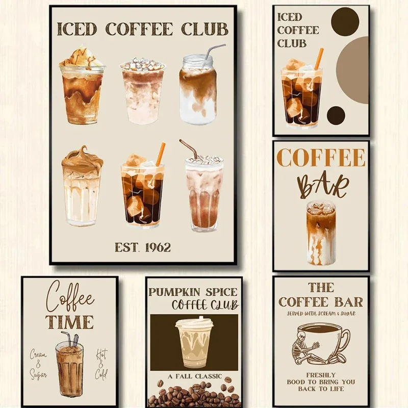 Vintage Iced Coffee Club Coffee Pot Beans Poster Canvas Painting Wall Art Pictures For Living Room Home Kitchen Cafe Decor