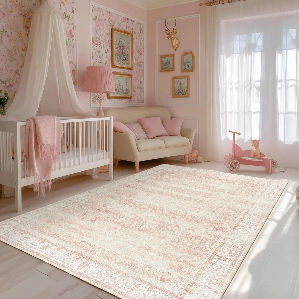 Extra Large 6x9 Boho Vintage Floral Area Rug Light Blush Washable Distressed Low Pile Carpet for Dorm Living Room Home Decor