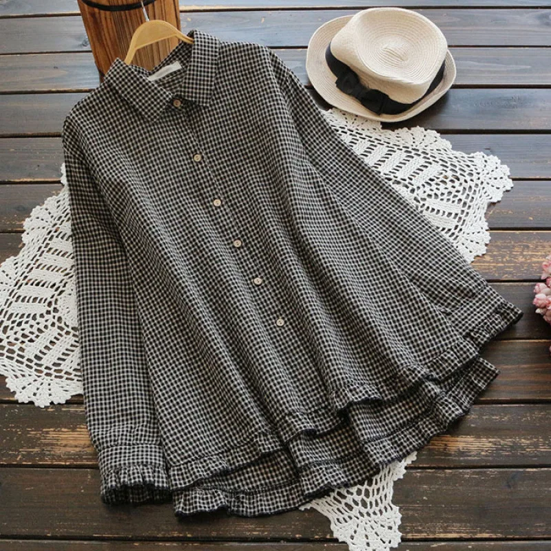 Women Cotton Linen Shirt Plaid Ruffle Tops Long Sleeves Turn Down Collar Single Breasted Loose Office Lady Casual 2026 Spring