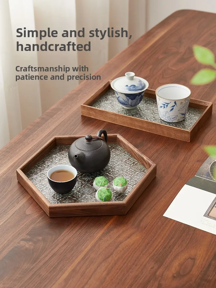 Retro Peony Flower Glass Tray Walnut Wood Tea Tray Cup Storage Fruit Washing Toothbrush Tray Chinese Style Desktop Ornament