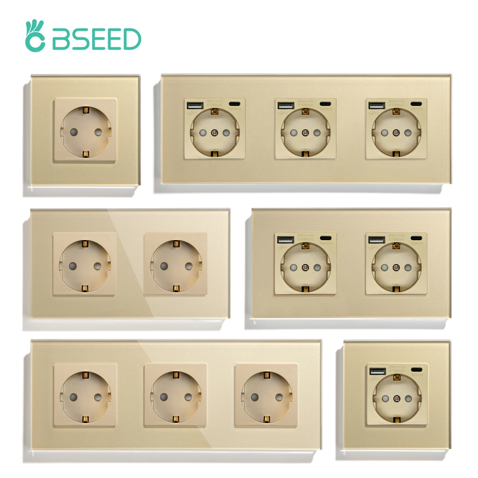 BSEED Single Wall Socket With Type-C USB Ports Double Glass Socket Triple Electric Sockets Power Outlets 16A Gold