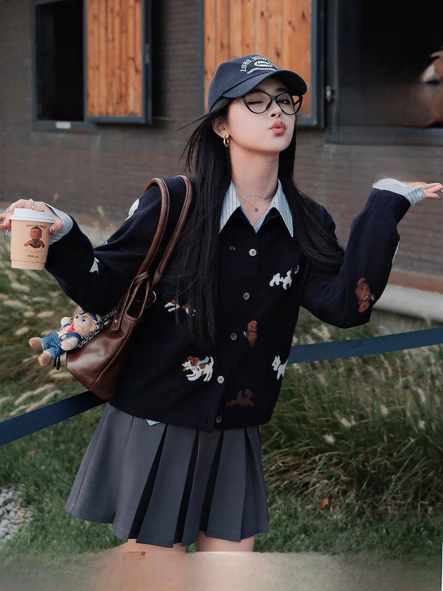 

Свободный крой круглый вязаный свитер синего цвета для женщин с внутренним кардиганом с принтом собаки в стиле ретро для осенне-зимнего сезона